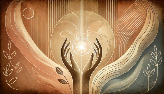 Illustration symbolisant l’harmonie des énergies masculine et féminine avec des mains tendues vers la lumière, des formes organiques et des tons doux pour évoquer la sérénité et l’équilibre intérieur.