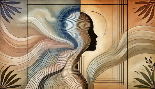 Illustration représentant l’harmonie de tes énergies masculine et féminine avec des formes fluides et géométriques, des tons pastels et terrestres pour symboliser la transformation et l’équilibre.